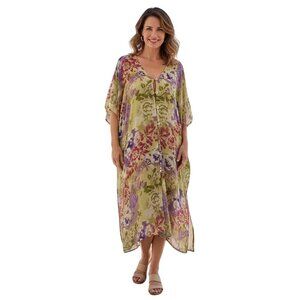 Ulla Popken Beaded Floral Sheer Flowy Long Line Kaftan 3/4 Sleeve One Size